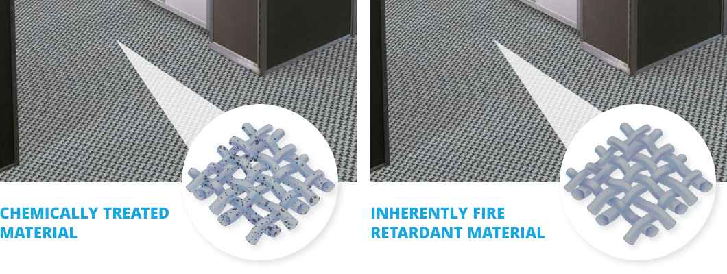 Gray woven airplane flooring showing inherently fire retardant vs. chemically treated materials